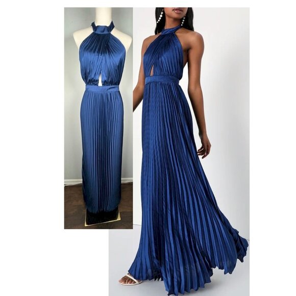 Lulus Dresses & Skirts - Midnight Moves Navy Blue Pleated Satin Cutout Halter Maxi Dress Size Large NWOT